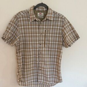 Fjallraven sz M Abisko Hoke Shirt Tan and White Plaid Button Down Shirt VGUC